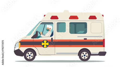 A sick elderly woman in a mask isolated placed in an ambulance 