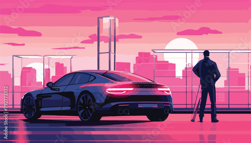 Vector illustration of a man standing near the car on the background of the city