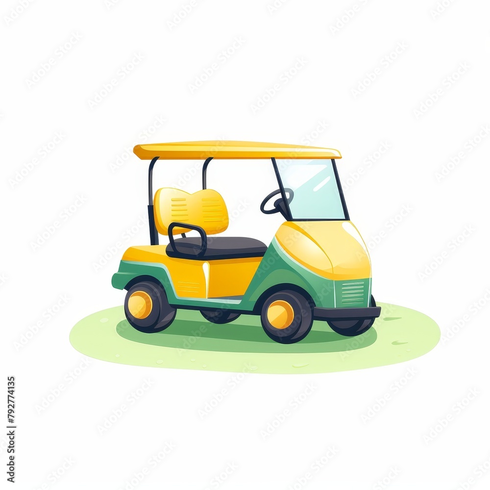 A yellow and green golf cart is parked on a grassy field