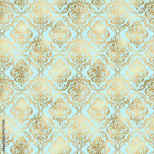 Baby Blue and Gold Damask, Pattern Digital Paper