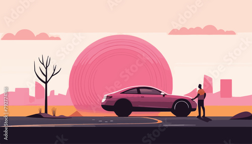 Car on the road. Vector illustration in flat cartoon style. Automotive industry.