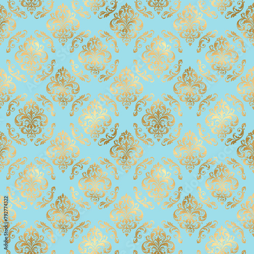 Baby Blue and Gold Damask, Pattern Digital Paper