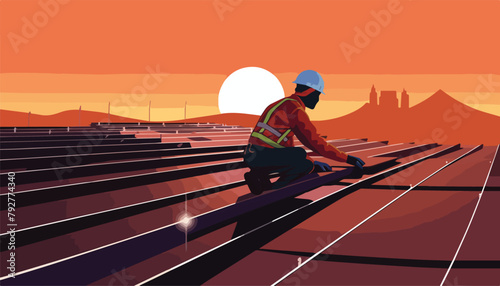 solar energy worker on the roof of a solar power plant vector illustration design
