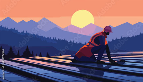 sunset with snowboarder on the solar panel vector illustration design