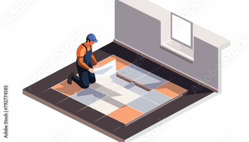 Flat 3D isometric vector illustration of a worker installing floor tiles