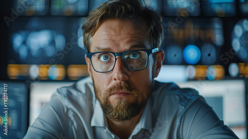 Portrait of mature man in eyeglasses working at computer in office