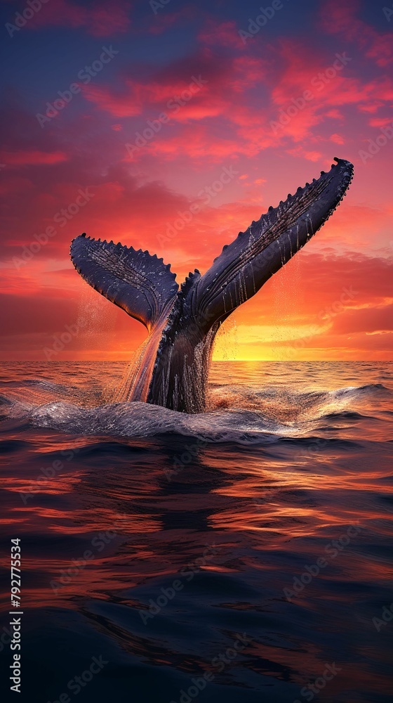 Fototapeta premium Whale tail above ocean at sunset, silhouette, wide angle, cinematic tint , pastel, 3D Animator