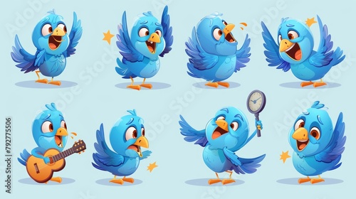 A funny cartoon character animated with pigeons in different poses and expressions. You can see pigeons playing guitar, sending air kisses, being angry and sick, playing with a thermometer in their © Mark