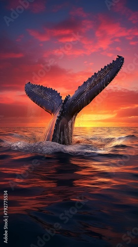 Whale tail above ocean at sunset, silhouette, wide angle, cinematic tint , pastel, 3D Animator © sorrakrit