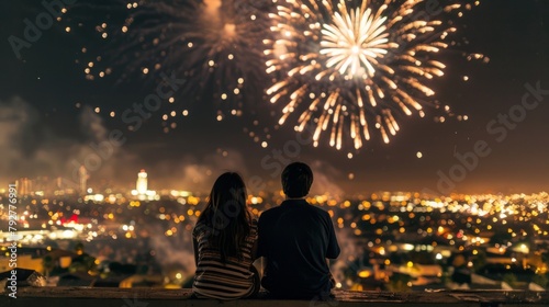 Two individuals sitting on a ledge, gazing at a fireworks display in the night sky with awe and enjoyment