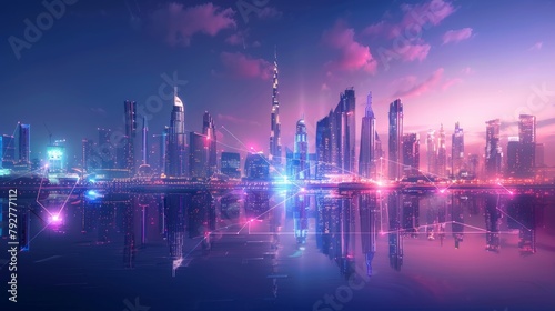 A futuristic city skyline illuminated by vibrant lights, reflecting beautifully in the water below