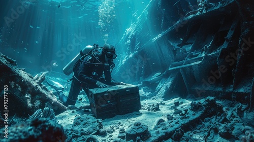 A scuba diver discovers a treasure chest on the ocean floor.