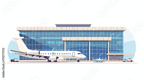 Airport building exterior and airplane front. Vector