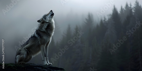 A lone wolf howling in the fog, its silhouette barely visible against the misty background. photo