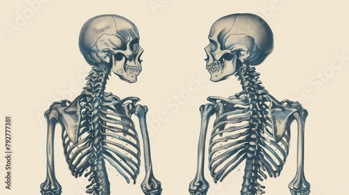 A vintage engraving shows a Human skeleton from the front and the back, named and described with its functions. From the Trousset encyclopedia (1886-1901). photo