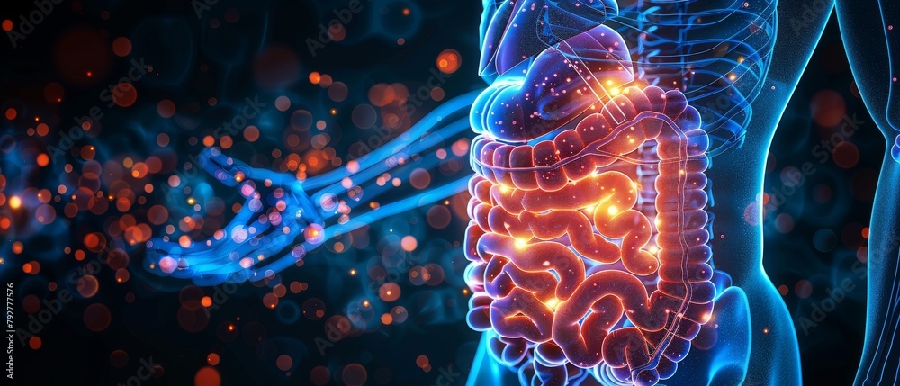 The digestive system in detail, illustrated with medical terminology ...