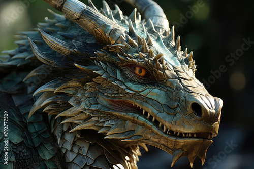 A detailed view of a dragons head featuring prominent horns  showcasing intricate scales and menacing facial features