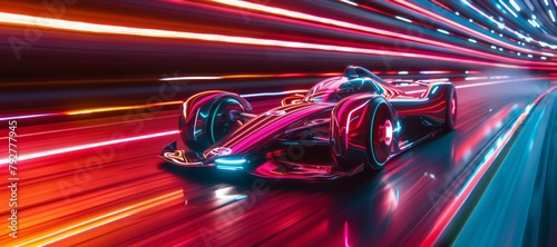 Futuristic race car speeding in a neon-lit city photo