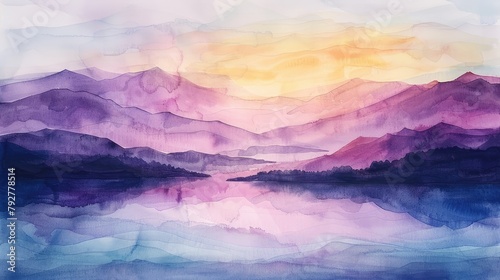 A watercolor painting of purple mountains at sunset with a lake in front of them. photo