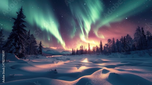 A winter landscape with a starry night sky and aurora borealis