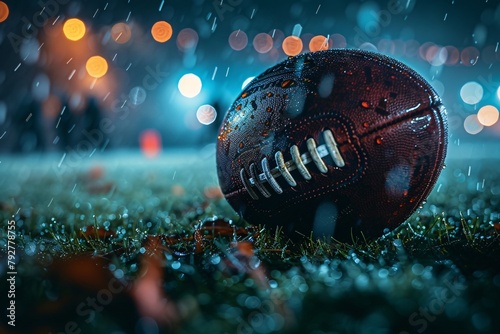 Close up of an American football ball on the field covered in rain, reflecting competitiveness and dynamics of sports