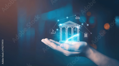 Hand Holding Hologram Bank Effect, Digital Banking, Future of Banking, Financial services