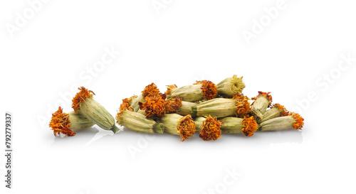 Heap of dry tagetes or marigold flower heads with seeds isolated on white background. Annual flowers growing, gardening.	