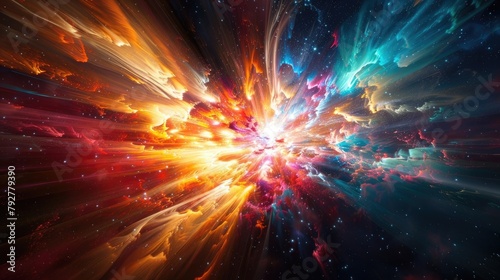 An abstract representation of a supernova explosion, with colorful shockwaves rippling through space in a spectacular display of cosmic power. © Sardar