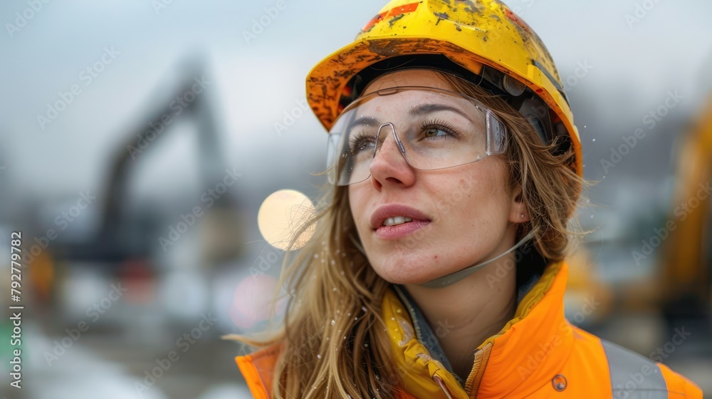 A young female construction worker wearing a hard hat, safety glasses, and a reflective vest is looking thoughtfully into the distance.