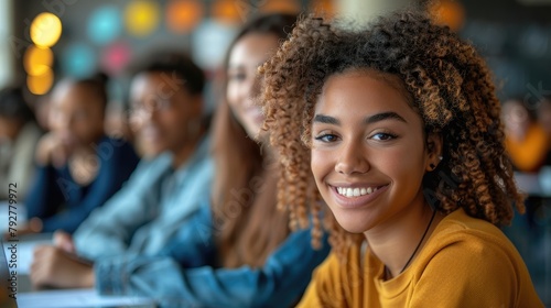 An attractive young woman with curly hair smiles at the camera.