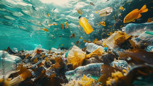 An image of a school of fish swimming in a polluted ocean. The water is murky and filled with plastic bottles and other trash. photo