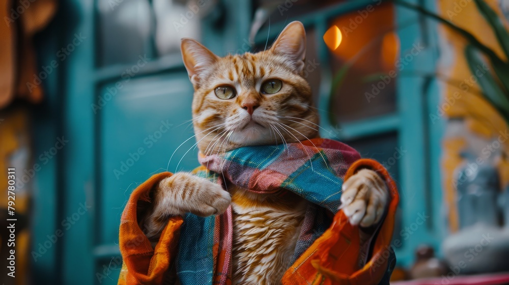 A cat wearing a colorful scarf around its neck, looking playful and lively
