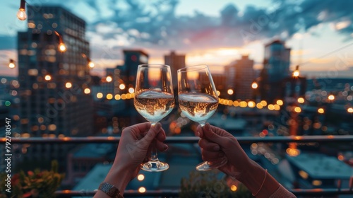 Two people joyfully clink wine glasses on a rooftop with a cityscape background during a celebration