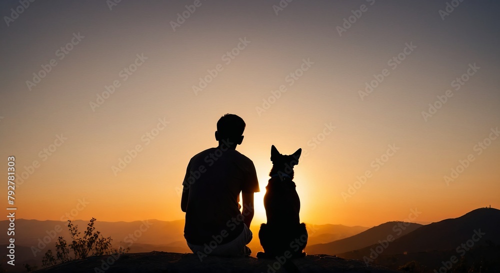 AI generated illustration of a man and his dog are sitting on a hill at sunset
