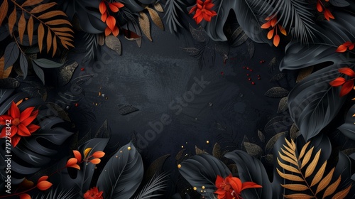 This set of tropical black gold leaves on dark background modern poster is fantastic. It features golden tropic jungle leaves and an exotic red flower heliconia.