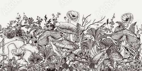 Seamless vector horizontal pattern of mushroom forest in engraving style. Fly agaric, porcini mushroom, chanterelles, honey mushrooms, forest plants, flowers photo