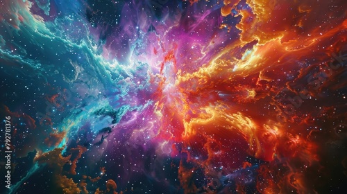An abstract representation of a supernova explosion, with colorful shockwaves rippling through space in a spectacular display of cosmic power. photo