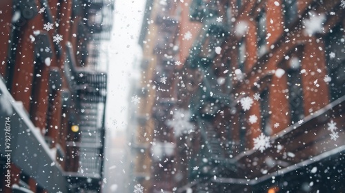 Snowflakes gently falling over the bustling streets and iconic buildings of New York City on a snowy day