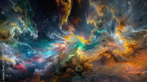 An abstract representation of cosmic creation, with swirling nebulae and galactic collisions giving birth to new stars and planets in a symphony of color and light. photo