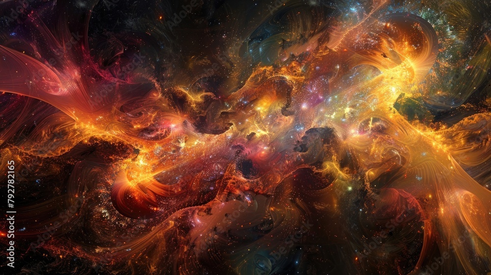 An abstract representation of cosmic creation, with swirling nebulae and galactic collisions giving birth to new stars and planets in a symphony of color and light.