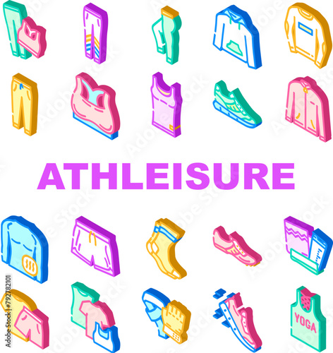 athleisure clothing woman fashion icons set vector. sporty clothes, runway sweatshirt, oversize gym, girls good sweatsuit athleisure clothing woman fashion isometric sign illustrations