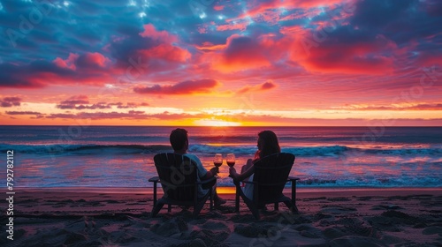 A pair of friends sitting on a sandy beach, toasting with wine as the sun sets in the background