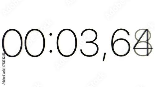 Clock with black numbers on white background display. Digital timer starting from 0 seconds to 42 seconds