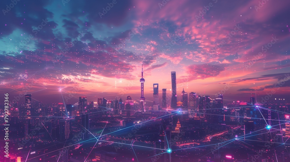 A dynamic cityscape with lines and dots in the sky, showcasing a futuristic skyline illuminated by network connections