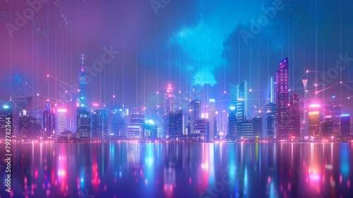 Bright lights from a futuristic city skyline reflect in the water below, creating a stunning scene of urban illumination