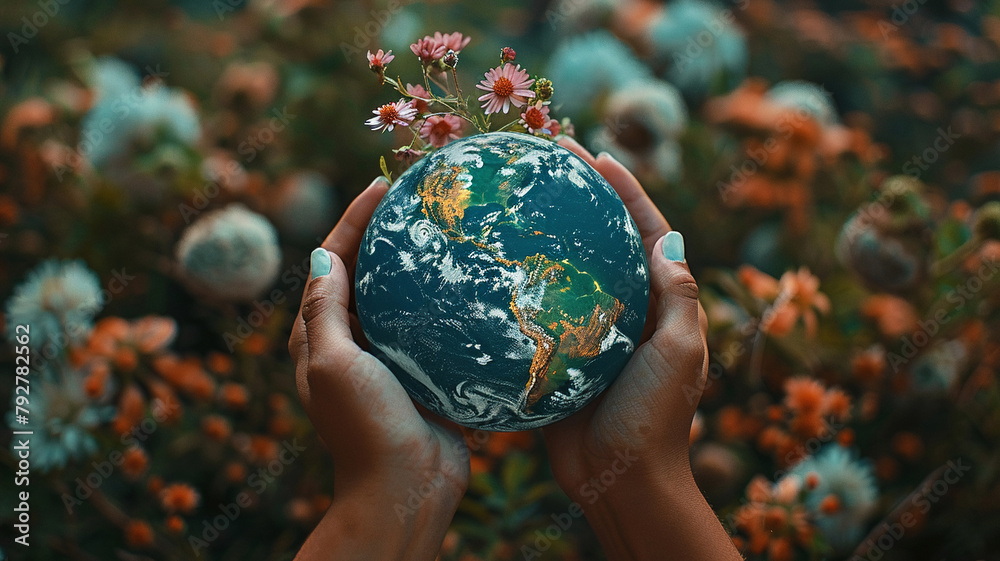 A photo of a person holding the Earth in their hands with flowers growing on it. A photo of a person holding the Earth in their hands with flowers growing on it.