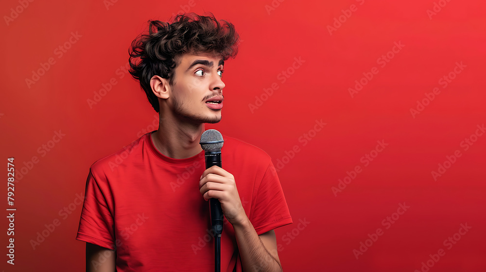 Fototapeta premium Young man introducing himself with a microphone on isolated wallpaper