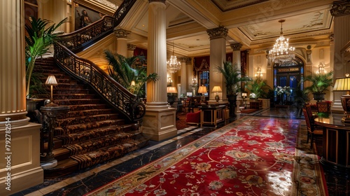 Grand Ballroom with Sweeping Staircase Lavish Gala Evening Historical Romance Setting