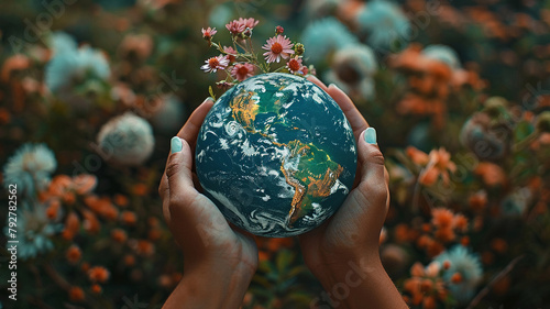 A photo of a person holding the Earth in their hands with flowers growing on it.