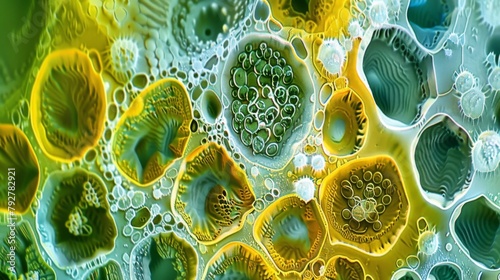 A microscopic image shows the intricately detailed structure of a plant cells membrane which regulates what enters and exits the cell. photo